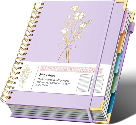 Ovesmusl Hardcover Spiral Notebooks 8.5" X 11" Note Taking 5 Subject Notebook College Ruled with Dividers 240 Pages 100GSM Aesthetic Spiral Notebook for Work School Cute Journals for Women Writing