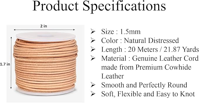 GENIQUE Real/Genuine Round Leather String Cord for Necklace, Bracelets, Jewelry, Kumihimo Braiding, DIY Projects (20 Metres) (1.5mm, Natural)