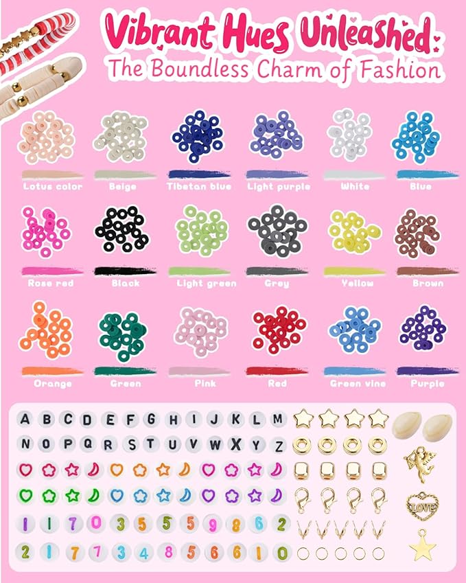 LovelyMoon Clay Beads Bracelet Making Kit Flat Beads with Charms for Friendship Jewelry Making Kit for Beginner Creative Arts and Crafts Gifts for Kids Ages 6 7 8 9 10 11 12 Girls