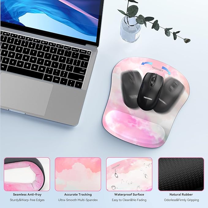 TECKNET Keyboard Wrist Rest and Mouse Pad with Wrist Support, Memory Foam Set for Computer/Laptop/Mac, Lightweight for Easy Typing & Pain Relief Ergonomic Mousepad (Pink Flower)