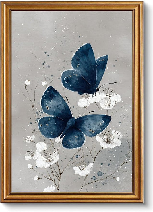 okudolit Gold Framed Navy Blue Butterfly Canvas Wall Art Print White Flower Botanical Painting Neutral Insect Gray Modern Moth Artwork Wall Decor for Living Room Bedroom Bathroom 16x24in