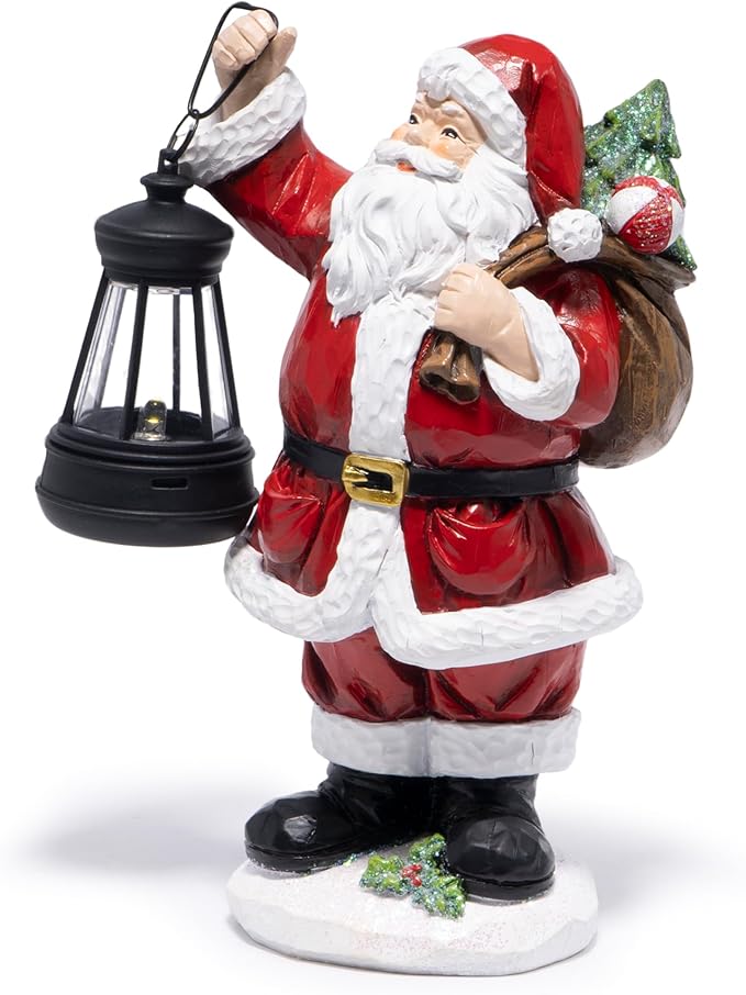 Hodao Christmas Santa Figurine with Lantern, Hand-Painted Resin Santa Claus Statue Holding Gift Bag, Holiday Tabletop Decoration for Home, Mantel, Shelf, Décor Accent
