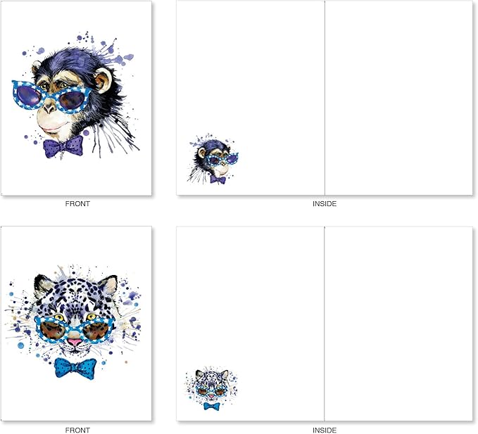 The Best Card Company - 20 Bulk Animal Note Cards Blank (4 x 5.12 Inch) - Fun Assorted Notecards with Envelopes (10 Designs, 2 Each) - Funky Colorful Creatures AM6749OCB-B2x10