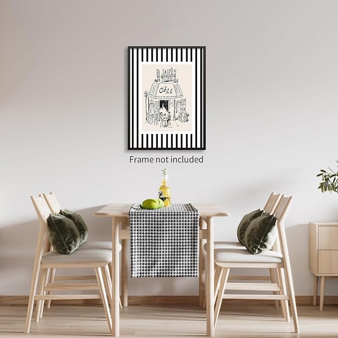 Black and White Stripe Sketch Wall Art French Paris Cafe Aesthetic Poster Funky Minimalist Canvas Prints for Kitchen Coffee Bedroom Wall Decor 08x10 inch Unframed