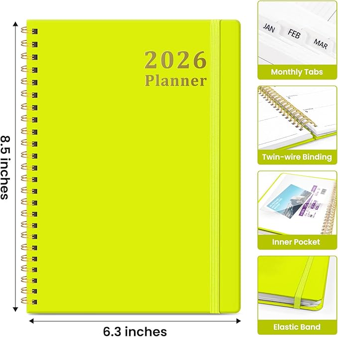 2026 Planner, Weekly and Monthly Calendar Planner for Women, Jan 2026 - Dec 2026, Hardcover Planning Agenda book with Tabs, Spiral Bound, Inner Pocket, Perfect for School Office Supplies, 6.3" x 8.5" - Lemon Yellow