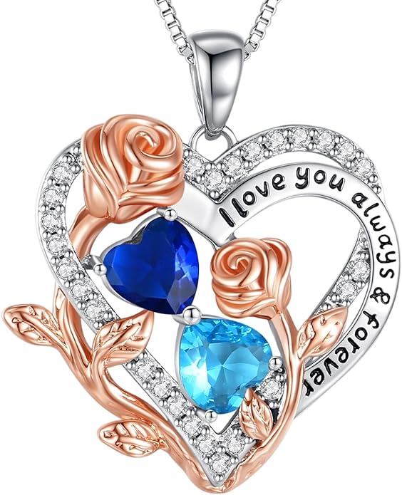 I Love You Birthstone Necklace, 925 Sterling Silver Heart Pendant with CZ Diamond Stones, Birthday Gifts for Women, Romantic Gift for Wife, Girlfriend, Her, Anniversary, Valentine's Day, Christmas