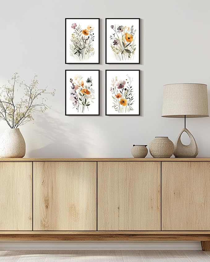 Drsoum Wildflower Bouquet Boho Framed Wall Art Wooded Minimalist Aesthetic Botanical Flower Prints Modern Plants Bathroom Kitchen Home Decor Ready to Hang 11x14inx4pcs (Black Framed)