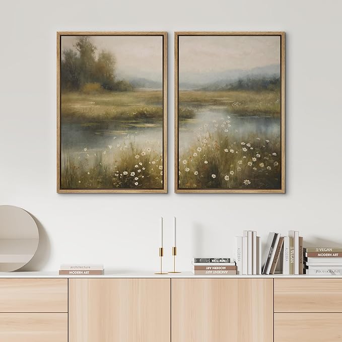 SIGNWIN Framed Canvas Print Wall Art Set Serene Marshland Landscape Rustic Illustration Modern Art Minimalism Decorative for Living Room, Bedroom, Office - 16"x24"x2 Natural