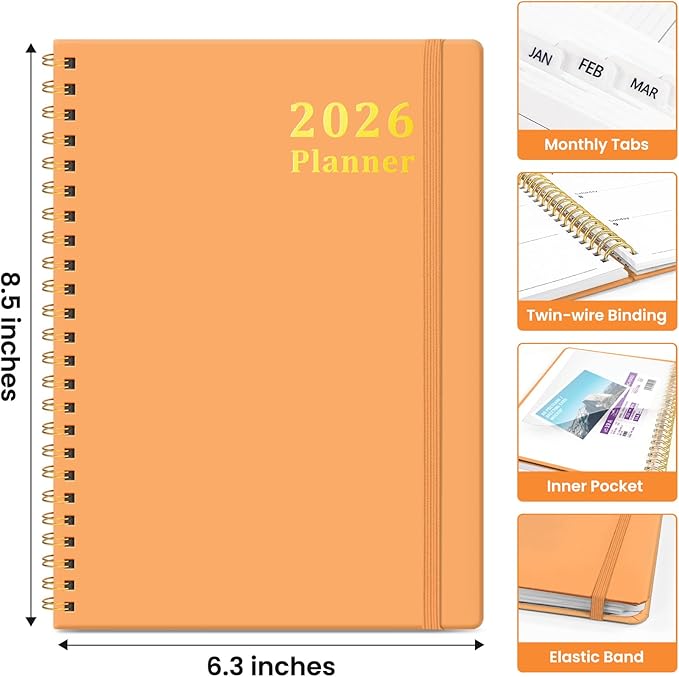 2026 Planner, Weekly and Monthly Calendar Planner for Women, Jan 2026 - Dec 2026, Hardcover Planning Agenda book with Tabs, Spiral Bound, Inner Pocket, Perfect for School Office Supplies, 6.3" x 8.5" - Bright Orange