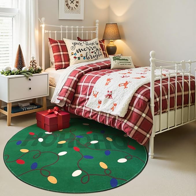 jinchan Jingle Lights Round Christmas Rug for Entryway Bedroom 4ft Green Circle Holiday Rug for Living Room Colored String Lights Printed 4' Xmas Decor Washable Indoor Carpet for Foyer Non-Slip