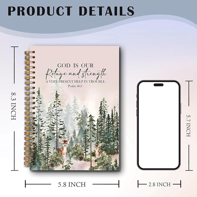 Woodland Christian Spiral Notebooks, Psalm 46:1 Bible Journal, Scripture Journals for Writing, Christian Gifts for Women Men, Religious Notebook for Note Taking, 5.5x8.3 Inch