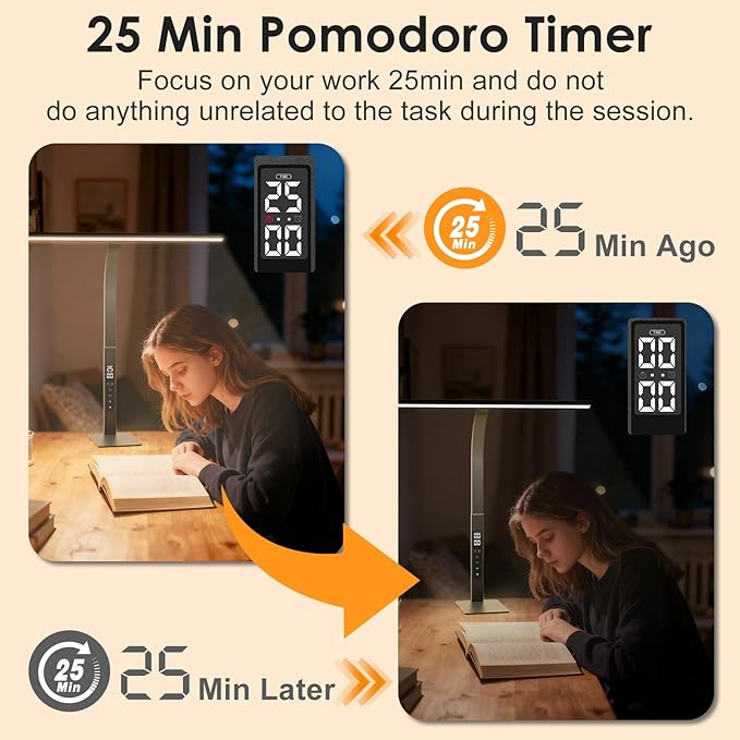 LED Desk Lamp for Office Home: Desk Light with Base 25 Min Pomodoro Timer, Clock LCD Display - 5 Color Stepless Dimming Adjustable Flexible Gooseneck, Lighting Table Lamp for Reading Study Drafting