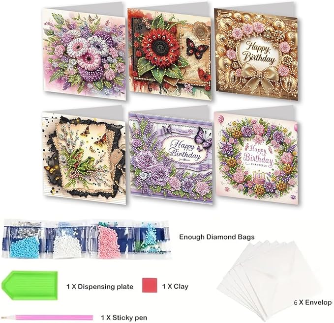 Ceitura 6Pcs DIY Diamond Art Painting Crafts Rhinestone Painting Greeting Card Making Kit Postcard for Holiday Christmas New Year Party Favors (Flower Birthday)