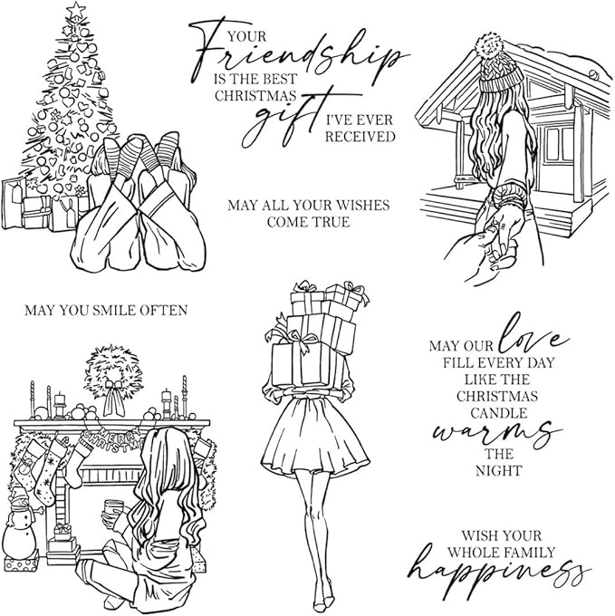 Christmas Women's Friendship Box Stamps and Cutting Dies for Card Making DIY Transparent Silicone Clear Stamp and Metal Die Cuts Sets for Scrapbooking Paper Greeting Cards Decor Seals Craft Supplies