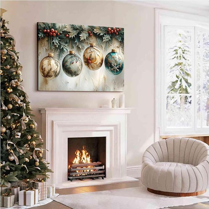 Christmas Ornament Balls Holiday Ball Decor Festive Print Vintage Christmas Canvas Wall Art Hanging Poster Vintage Holiday Print Indoor Decor for Home Offices Living Room Bedroom Dining Room farmhouse