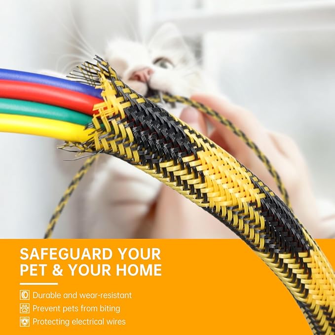 Braided Wire Loom Sleeve - Pet Proof Chew Resistant Cable Wrap, High Density Expandable Cable Sleeving for Automotive Wire Harness & PC Computer Case 16.4ft (Black Yellow, 4mm (5/32"))