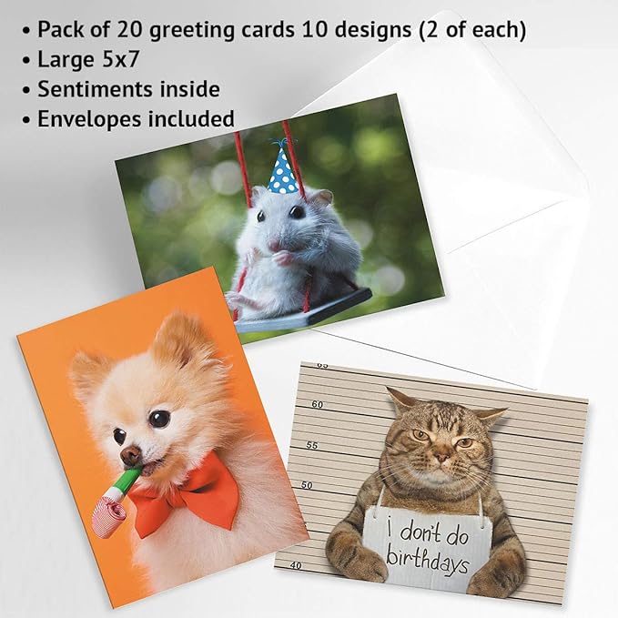 Current Kids Animal Photo Happy Birthday Greeting Card Set - Value Pack of 20 Cards for Kids With White Envelopes, 10 Designs, Large 5" x 7" Assortment
