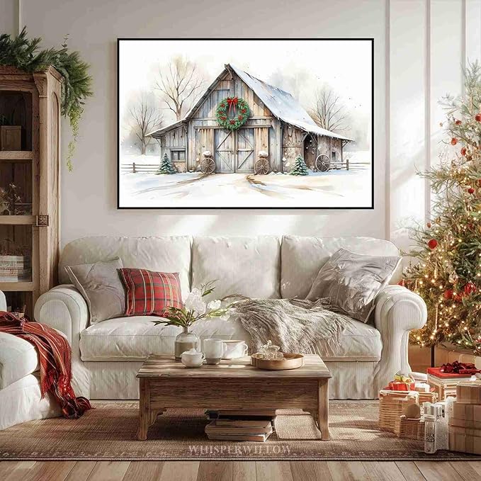 Rustic Landscape Wall Decor Barn Winter Cottage Wall Art Holiday Landscape Painting Rustic Winter Print Christmas Gingerbread Poster Indoor Decor for Living Room Bedroom Cabin Framed Ready to Hang