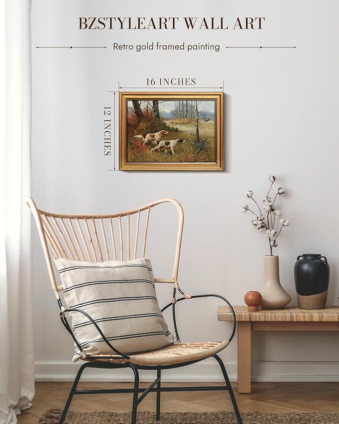 Bzstyleart Vintage Wall Art Decor for Living Room,Gold Framed Canvas Wall Art Home Decor Aesthetic,Cute Dog Artwork Animal Prints,Canvas Picture Print Artwork,12 x 16 Inch