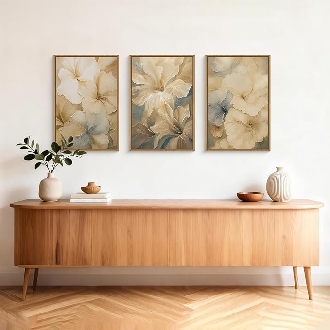 KAIRNE Neutral Floral Wall Art Set of 3, Modern Abstract Flower Prints with Soft Beige & Grey Tones, Boho Botanical Artwork for Living Room Bedroom Office, Minimalist Aesthetic Home Decor 16×24inch