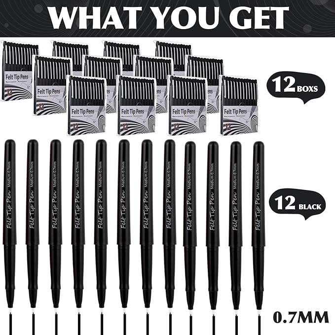 144 Pcs Black Felt Tip Pens 0.7mm Medium Point Pens Bulk, Felt Tip Markers for Journaling, Writing, Note Taking, Planner, Ideal for Office School Art Supplies Gift