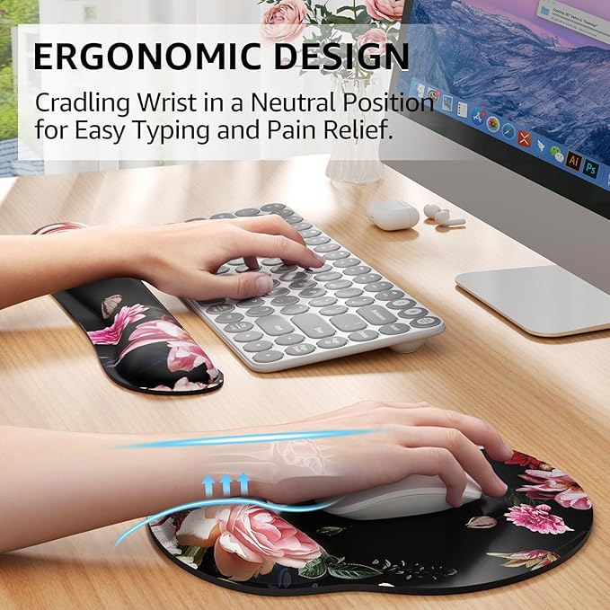 KTRIO Ergonomic Keyboard Wrist Rest, Memory Foam Mouse Pad with Wrist Rest for Computer Keyboard, Mouse Pad Set for Easy Typing & Pain Relief for Office & Home, Peony Flower