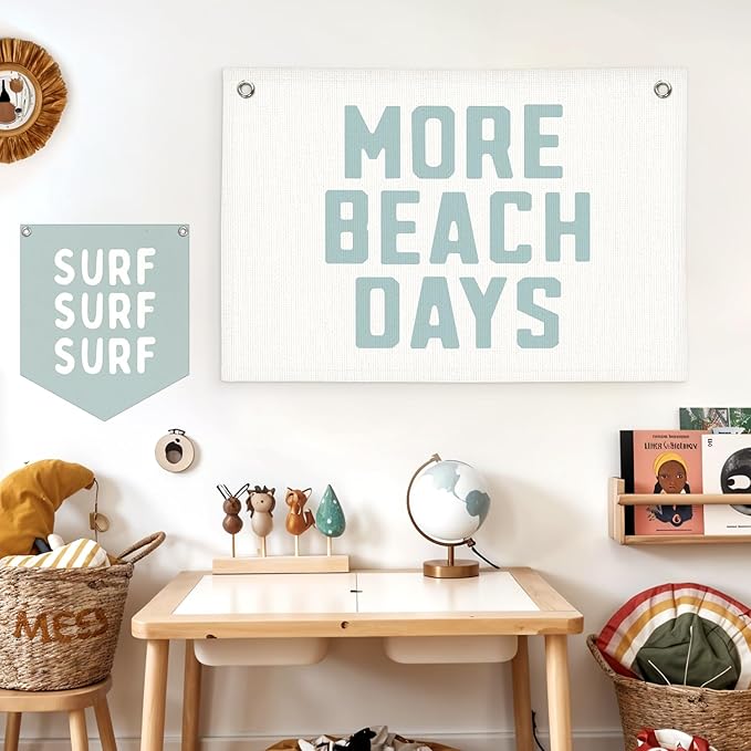 Lacama Beach Theme Wall Decor for Boys Room, Coastal Kids Playroom Nursery Hanging Sign, More Beach Days Linen Canvas Banner, Rustic Nautical Surf 20x30 Inch