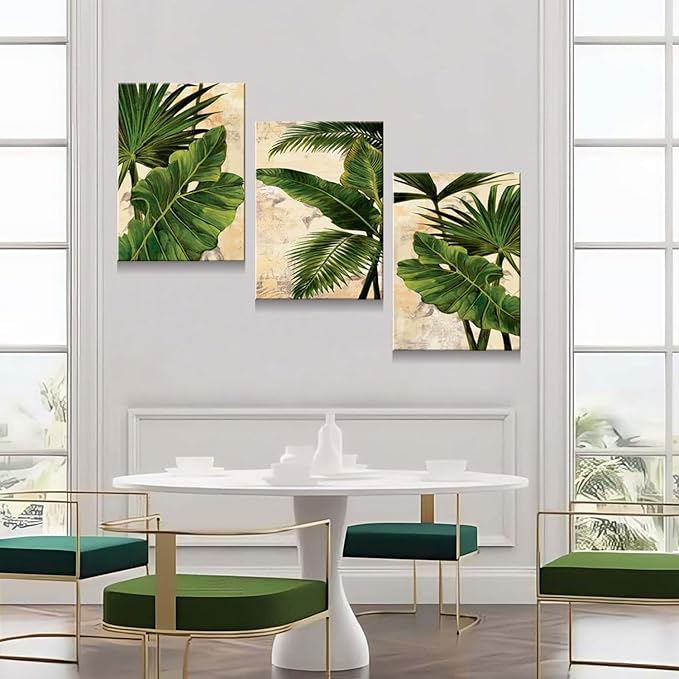 3pcs Framed Palm Leaves Banana Leaf Tropical Plants Wall Art Decor Canvas Print Nature Style Home Greenery Pictures Poster Gallery Bedroom Living Room Studio 12x16 Inch Ready to Hang