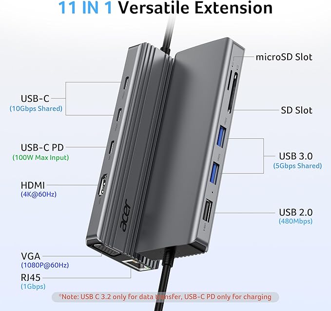 Acer 11 in 1 USB C HUB Multiport Adapter with 4K@60Hz HDMI, 1080P VGA, 2x10Gbps USB C, 2x5Gbps USB A, 100W PD Port, 1000Mbps Ethernet, SD/TF, Docking Station Dual Monitor for PC, Laptop, Desktop
