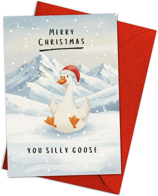(5.3x8in) Merry Christmas You Silly Goose Card with Envelope, Funny Holiday Greeting Featuring Cute Goose in Snow, Whimsical Animal Christmas Card for Friends, Family, Coworkers (Xmas 34)