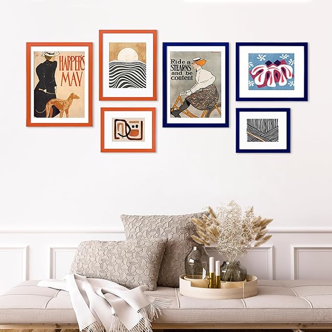 KINLINK 5x7 Picture Frame Orange, Solid Wood Frames with Acrylic Plexiglass for 3.5x5/4x6 with Mat or 5x7 without Mat, Tabletop and Wall Display Photo Frame, Set of 4