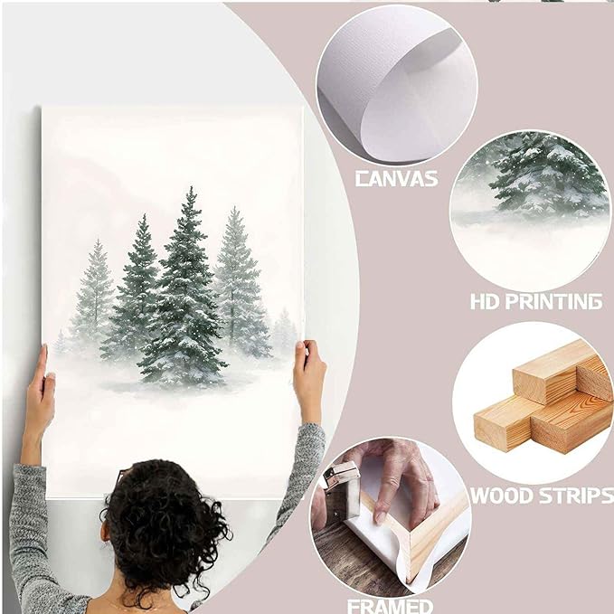 Framed Canvas Wall Art Snowy Evergreen Trees Print Winter Forest Wall Art Christmas Watercolour Painting Winter landscape Snowy Pine tree poster 24x36in Wood Framed