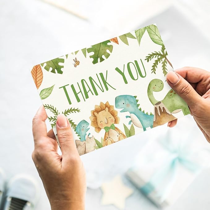 24 Pack Dinosaur Thank You Cards Bulk Cute Cartoon Greeting Cards with Envelopes Stickers Blank Note Cards for Birthday Baby Shower Party Supplies, 4 x 6 Inch