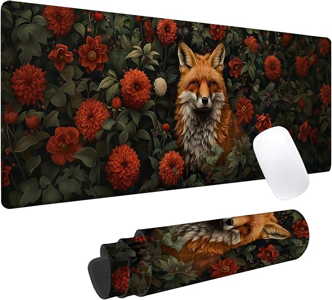 Elegant Fox Gaming Mouse Pad, Office Desk Mat, Anti-Slip Rubber Base Cool Aesthetic Mouse Pads for Computer Laptop Keyboard School Home Desktop Gamer Home Accessories Decor 31.5" x 11.8"