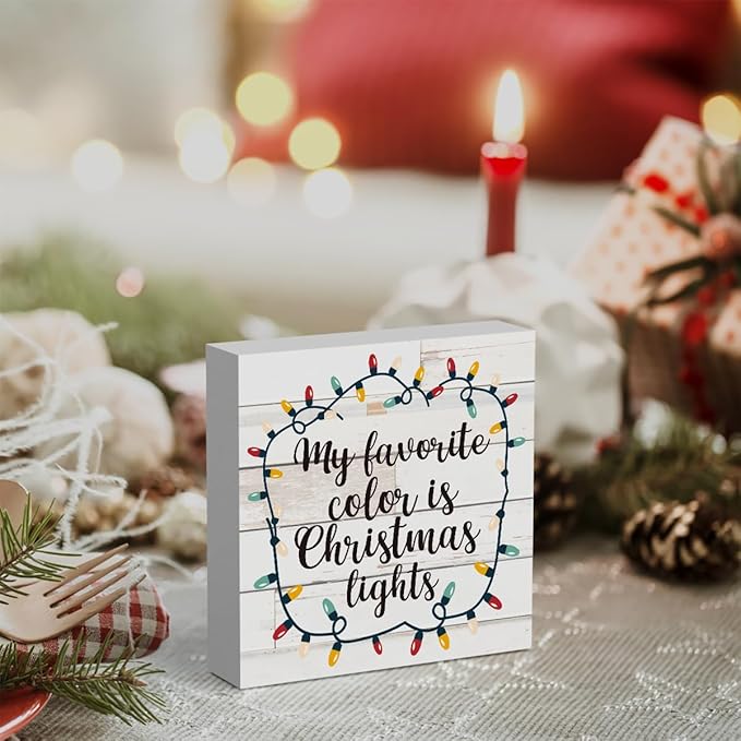 Rustic My Favorite Color is Christmas Lights Wood Box Sign, Farmhouse Christmas Santa Artwork Decor, Wood Square Sign Desk Block Signs Home Shelf Office Decoration 5 x 5 Inches