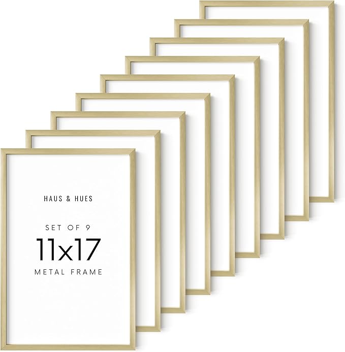 HAUS AND HUES 11x17 Gold Metal Picture Frames - Premium Aluminum with Vertical & Horizontal Hanging, Shatterproof Plexiglass - Ideal for Home, Office (11x17 in, Gold, Set of 9)