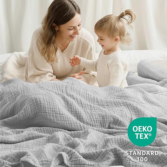 100% Cotton Muslin Blanket Large 50" x 70", Breathable and Lightweight Cotton Throw Blankets for Bed and Couch, Soft Cooling Summer Gauze Blanket for Adults All Season, Light Grey
