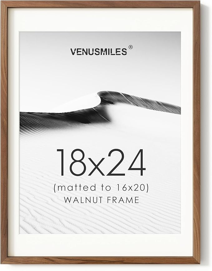 18x24 Poster Frame, USA-Sourced Natural Walnut Wood Picture Collage Frame with HD Tempered Glass, Modern Simple 18 x 24 Wooden Photo Frame Matted to 16x20, Vertical & Horizontal Wall Hanging Display