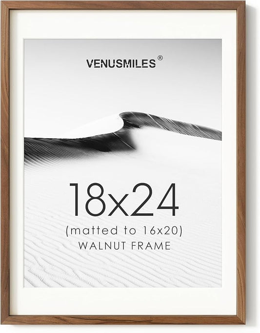 18x24 Poster Frame, USA-Sourced Natural Walnut Wood Picture Collage Frame with HD Tempered Glass, Modern Simple 18 x 24 Wooden Photo Frame Matted to 16x20, Vertical & Horizontal Wall Hanging Display
