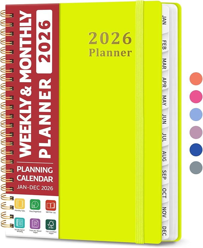 2026 Planner, Weekly and Monthly Calendar Planner for Women, Jan 2026 - Dec 2026, Hardcover Planning Agenda book with Tabs, Spiral Bound, Inner Pocket, Perfect for School Office Supplies, 6.3" x 8.5" - Lemon Yellow