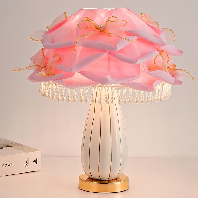 Pink Flower Lamp Romantic Bouquet Bedside Lamp Cute Nightstand Light Nordic Bow Table Lamp for Bedroom Living Room Entry Office Study Room Kid Room Valentines Dating Wedding Chirstmas Deco