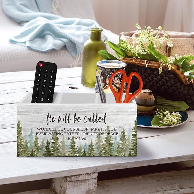 Christian Christmas Pen Pencil Holder Organizer for Desk Accessories, Winter Xmas Tree Bible Verse Scripture Wooden Box Sign Desk Decor for Home Office Decoration, Religious Christmas Decor