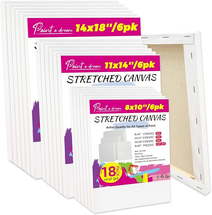 18 Pack Canvases for Painting with 8x10, 11x14, 14x18, 6 of Each, 5/8" Profile 12 oz Primed Stretched Canvas - 100% Cotton Painting Canvas Framed, Blank Canvas for Oil & Acrylic Paints