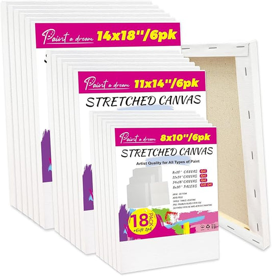 18 Pack Canvases for Painting with 8x10, 11x14, 14x18, 6 of Each, 5/8" Profile 12 oz Primed Stretched Canvas - 100% Cotton Painting Canvas Framed, Blank Canvas for Oil & Acrylic Paints