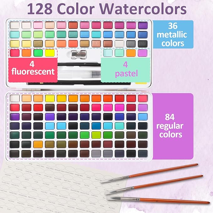 Caliart 128 Colors Watercolor Paint Set Portable, for Adults Artists Professionals Teen Girls Boys Beginners, Art Supplies Watercolor Painting Kit Sketch Coloring Drawing Christmas Gifts