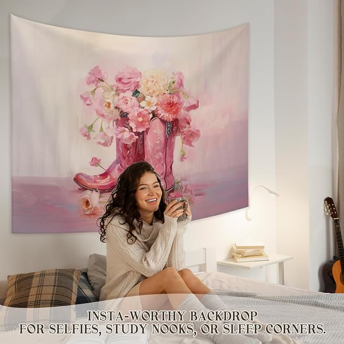 STHTTSW Floral Cowgirl Boot Tapestry, Preppy Pink Tapestries Wall Blanket, Girly Aesthetic Wall Hanging Decor for Teen Girl Women College Dorm Apartment Bedroom, 50x60 Inch