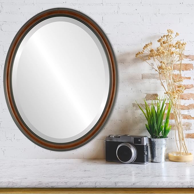 OVALCREST Oval Beveled Wall Mirror for Home Decor - Saratoga Style - Walnut - 22x26 Outside Dimensions