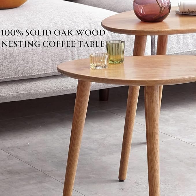 Wayshome 100% Solid Oak Wood Nesting Coffee Table, Small Oval Coffee Tables Set, Mid Century Modern Round Tables for Living Room, Pebble Side Table for Balcony (Nature, Combine)
