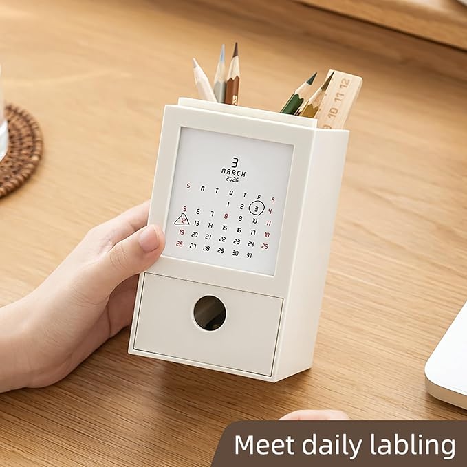 Pen Holder with 2026 Calendar,Desktop Organizer with Drawer,3-in-1 Desktop Organizer with Memo Pads,Multi-Functional Desk Organizers Office Desk Storage for School,Home,Office (WHITE)