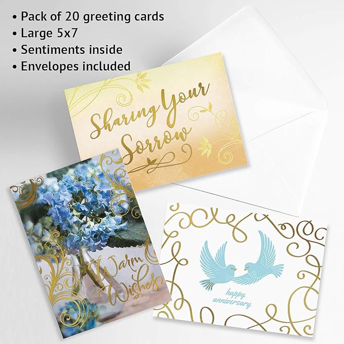 Current Deluxe Foil All Occasion Value Pack - 20 Cards With Envelopes, Celebration, Get Well, Sympathy, Birthday, Anniversary & Thinking of You Variety, Large 5" x 7" Assortment, 10 Design Set